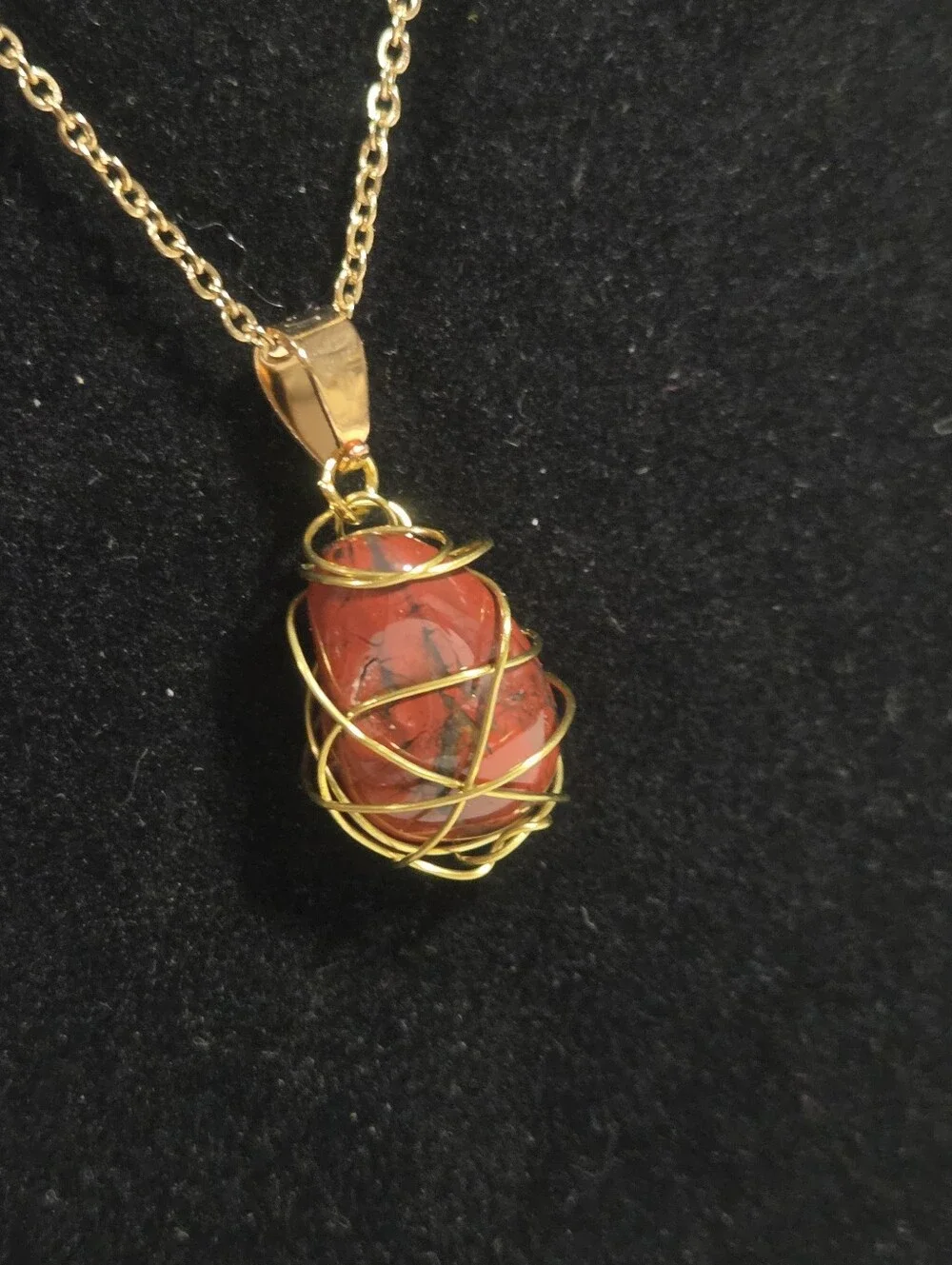Handcrafted Gold Wire-Wrapped Red Jasper Stone Pendant Necklace